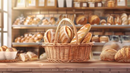 A realistic portrayal of a bakery shop's display, featuring a traditional willow wicker basket full of freshly baked bread, in vector illustration format - obrazy, fototapety, plakaty