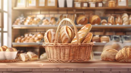 Fototapete Brot A realistic portrayal of a bakery shop's display, featuring a traditional willow wicker basket full of freshly baked bread, in vector illustration format