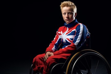 
Portrait of a teenage boy displaying focus and determination, in his racing wheelchair, training rigorously for the cycling events at the Paralympics.