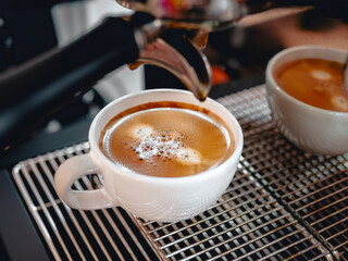Close-up of espresso pouring from the coffee machine into a coffee cup. Professional coffee brewing,coffee crema