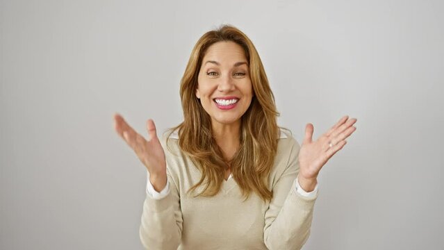Crazy happy young latin woman celebrating wild win! standing, arms held high in insane victory joy, she's the beautiful triumphant winner on an isolated white background!