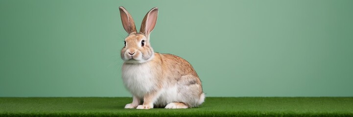Fototapeta premium one Rabbit look front copy space with green background