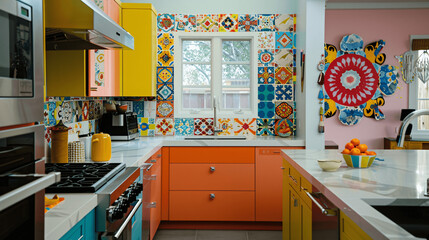 Dynamic and Contemporary Kitchen Interior with Colorful Mosaic