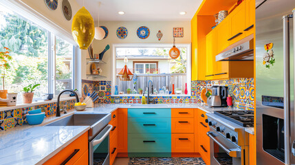 Stylish Eclectic Kitchen with Vibrant Colors and Patterns - obrazy, fototapety, plakaty