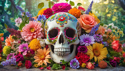 Skull covered with colorful flowers. Death and rebirth. Cinco De Mayo or Dia de Muertos. - obrazy, fototapety, plakaty