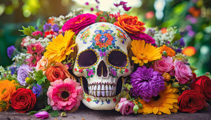 Skull covered with colorful flowers. Death and rebirth. Cinco De Mayo or Dia de Muertos.