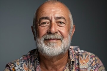 Obraz premium Elderly man smiling at camera. A close-up portrait of an elderly, man with a warm smile, wearing fashionable clothes.