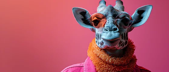 Fotobehang A quirky giraffe digitally altered with sunglasses and sweater on a red to pink gradient background © Daniel