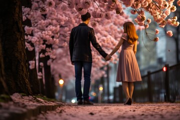 
Portrait shot capturing a person proposing with their hand on a city park street lined with blooming cherry blossoms in spring, with the partner gently blurred in the background - obrazy, fototapety, plakaty