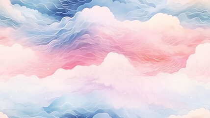 Blue and pink sea waves during a storm, background image in watercolor style with overflows - obrazy, fototapety, plakaty