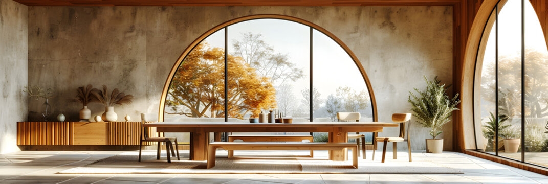 Minimalist Interior Design of Modern Dining,
The interior design of the modern living room with abstract wooden arched