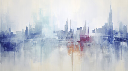 Urban landscape in watercolor paints, skyscrapers and buildings reflected in water, rainy sad day in blue and white tones, background color image - obrazy, fototapety, plakaty