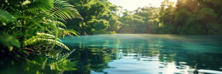 Calm reflective lake surrounded by lush greenery - The water is crystal clear reflecting the sky above - This tranquil scene is meant to evoke feelings created with Generative AI Technology - obrazy, fototapety, plakaty