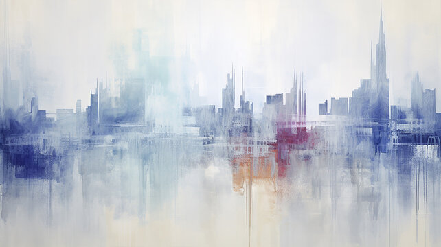 Urban landscape in watercolor paints, skyscrapers and buildings reflected in water, rainy sad day in blue and white tones, background color image