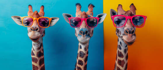 Three sequential images of a giraffe wearing sunglasses, each against a differently colored background - obrazy, fototapety, plakaty