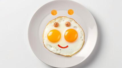 Funny scrambled eggs in a plate on a white background, funny character with a smile and eyes