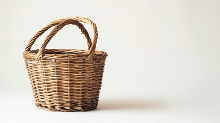 A solitary wicker basket, showcased in isolation against a stark white background