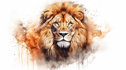 The African lion is the proud king of beasts, a savanna wild animal with a thick red mane splashed with bright watercolor paints - obrazy, fototapety, plakaty