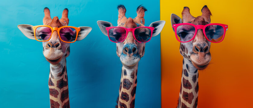 Three sequential images of a giraffe wearing sunglasses, each against a differently colored background