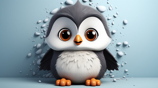Funny baby penguin with big eyes, cute cartoon character on a light background