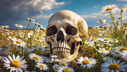 Human skull in field of white daisies. Blue sky. Beautiful flowers. Natural landscape.