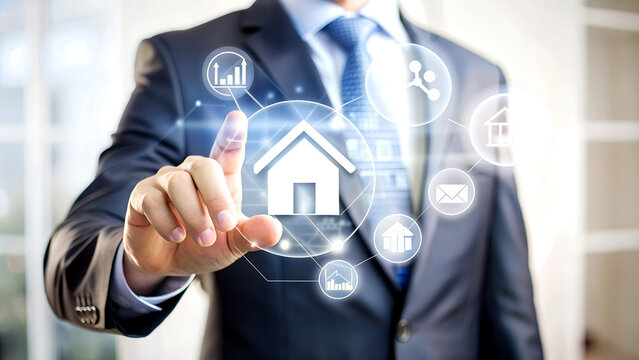 Real estate investment concept. Man touch virtual house icon for analyzing mortgage  home and  real property mortgage.  Investment planning, business real estate.