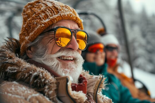 Portrait of a modern elderly man on a ski lift at a ski resort, selective focus