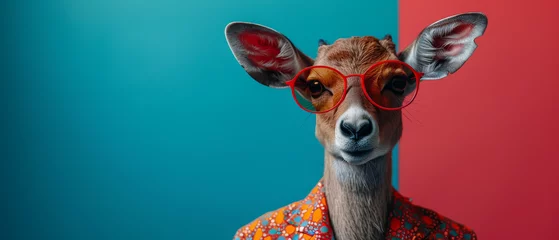 Fototapeten Stylish goat with a funky shirt and red sunglasses over a blue and red background, perfect mix of humor and fashion © Daniel