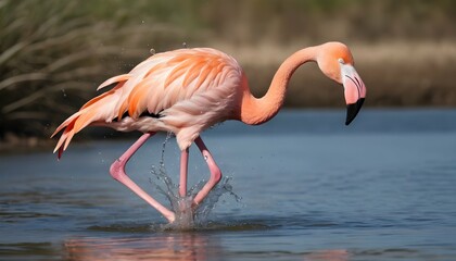 A Flamingo With A Splash Of Water In Mid Stride