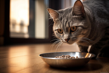 Cat eagerly eating dry kibble from a bowl in the kitchen in the morning. Generative AI