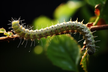 Fototapeta premium Green caterpillar munching on vibrant leaf, showcasing details of its tiny mandibles and colorful body. Generative AI