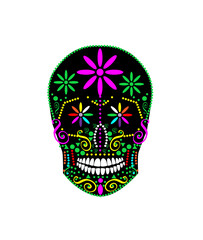 Colorful skull with flowers. Sugar skull with marijuana leaf.