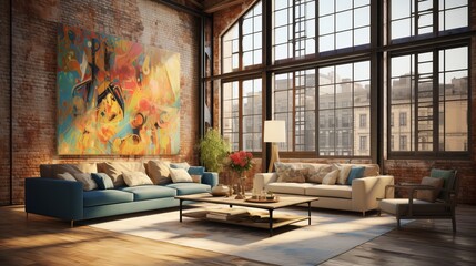 Modern loft with clean lines, open spaces, hand drawn abstract art adding depth and interest - obrazy, fototapety, plakaty