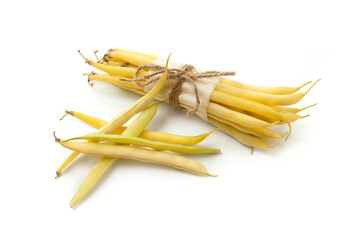 Bunch and several pods of flat runner bean heap isolated on white background. .