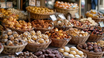 An assortment of various sweet Spanish treats, attractively displayed in wicker baskets at a local Barcelona market stall - obrazy, fototapety, plakaty