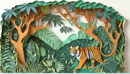 Bengal tiger walking through a jungle scene in paper cut-out style