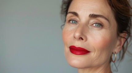 Sophisticated and elegant middle aged woman with striking red lipstick, embodying grace and timeless beauty. Confident beauty in midlife. World Menopause Day. Menopause skincare, beauty and wellbeing