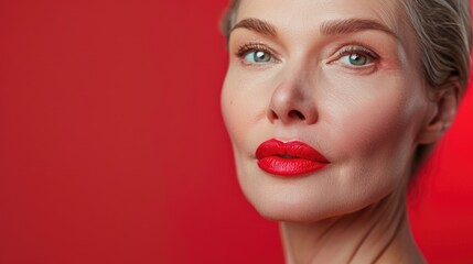 Timeless Beauty Close-Up. portrait of a mature woman, her striking blue eyes and bold red lips embodying a classic beauty that defies age, set against a soft teal background