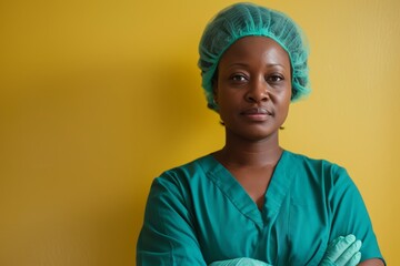 African American female surgeon stands confidently with folded arms against mustard backdrop, exuding professionalism and calm assurance in teal scrubs and surgical cap.