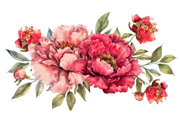 Watercolour peonies for wedding invitation design isolated on a transparent background