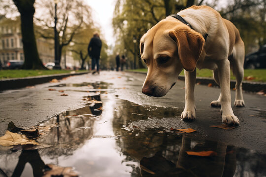 Curious dog enjoying wet weather in a park at noon. Generative AI