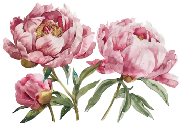 Watercolour peonies for wedding invitation design isolated on a transparent background
