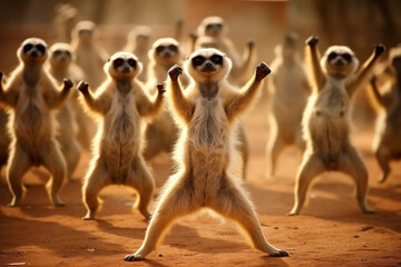 Fototapeta premium Funny dancing lemurs in desert. Generative AI