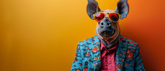 A animal with human-like posture wearing a colorful suit and red sunglasses against an orange gradient background