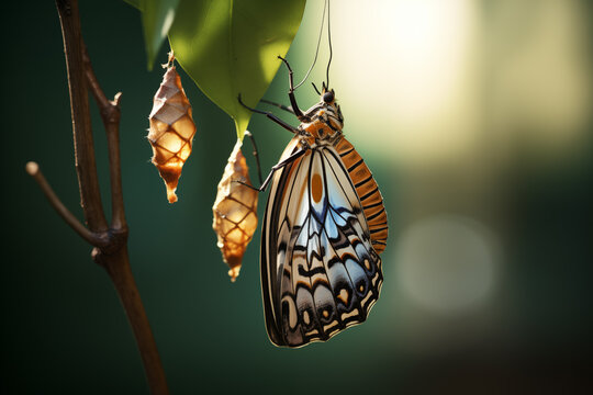 Butterfly emerging from its chrysalis, unfurling its wings to reveal stunning patterns and hues. Generative AI
