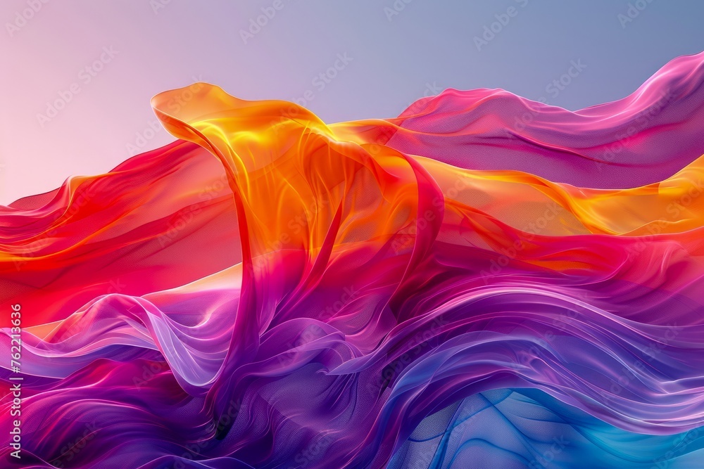 Poster Vibrant Multicolored Fabric Flowing in the Wind Against Gradient Sky Background with Copy Space
