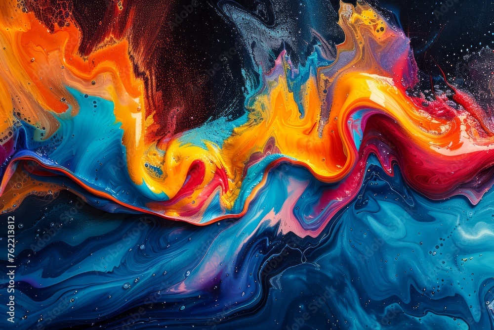 Poster vibrant abstract fluid art painting with swirling color patterns and mesmerizing viscous textures