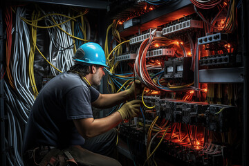 Confident electrician expertly wiring a building, surrounded by a maze of cables and tools. Generative AI - 762214223