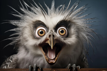 Amazed grey owl portrait. Generative AI
