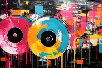 Foto op Plexiglas Grunge inspired collage vinyl records with vibrant pop art graffiti burst in colors. © Aliaksandra